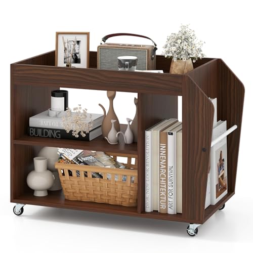 COSTWAY Bibliotheque Basse 3 Niveaux, Etagere Basse avec roulettes, Porte-Revue Latérale, Support d'imprimante, Table d’Appoint pour Salon, 76 x 39,5 x 55 cm