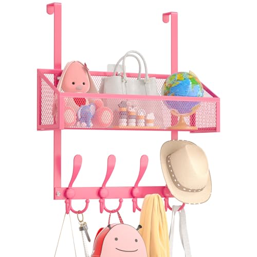 Kaiferty Over The Door Hooks Organizer, Coat Rack Over The Door Storage Hanger Towel Rack, Back of Door Storage Organizer for Bathroom,Bedroom,Kitchen,Office (Pink, 2-Tier)