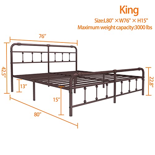 Debercu King-Size-Bed-Frame With-Headboard And Footboard - No Box Spring Need,Victorian Vintage Heavy Duty Metal Platform Mattress Foundation(Brown) #TOP1