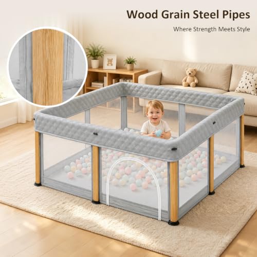 Image of TOREVSIOR Baby Playpen, 50 x 50 inches, Portable Play Yard with Carry Bag Foldable Design, Gray | Playpen for Babies and Toddlers,Indoor & Outdoor Kids Safety Play Pen, Portable Play Yard, Baby Playpen with 50 Ocean Balls