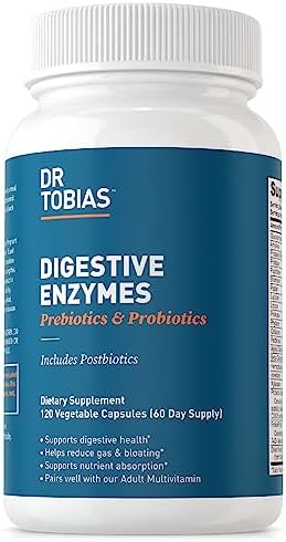Dr. Tobias Digestive Enzymes with Probiotics, Prebiotics and Postbiotics Bromelain, Amylase, Lipase, for Better Digestion & Immune Function, 120 Capsules 60 Servings (2 Daily)