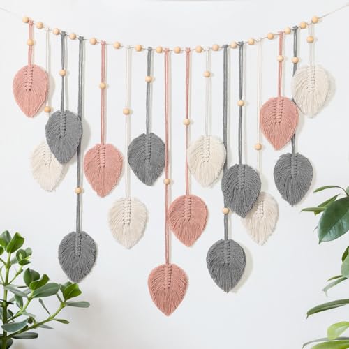 Betylifoy Macrame Wall Hanging Boho Leaves Tapestry Chic Bohemian Feather Wall Art Decor Handmade Yarn Woven Pink Leaf Tapestry Macrame Wall Decor for Bedroom Living Room Nursery Office Backdrop (Pink Gray)