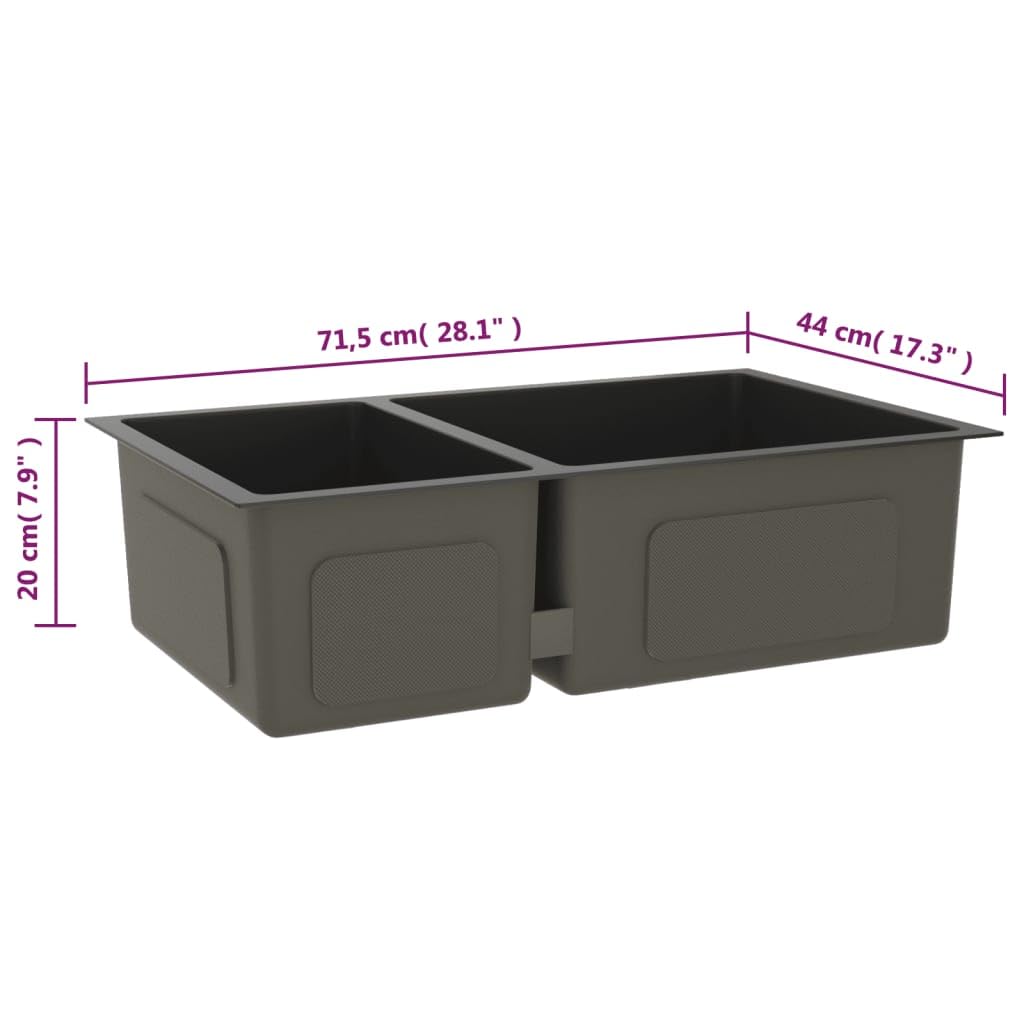 Fregadero de cocina negro de acero inoxidable con doble fregadero, 71,5 x 44 x 20 cm, con escurridor y residuos, incluye sifón y juego de desagüe, para cocina, lavadero