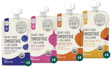 Serenity Kids 6+ Months Dairy Free Smoothie Baby Food Pouches - Protein Snack Pouches with Grass-Fed Collagen & Healthy Fats - USDA Organic Baby Food with No Added Sweeteners - 3.5 Fl Oz, Pack of 8