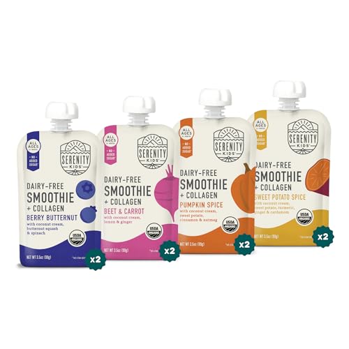 Image of Serenity Kids 6+ Months Dairy Free Smoothie Baby Food Pouches - Protein Snack Pouches with Grass-Fed Collagen & Healthy Fats - USDA Organic Baby Food with No Added Sweeteners - 3.5 Fl Oz, Pack of 8