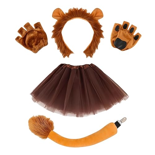 SDXCJY Ensemble déguisement lion, set de 4 pièces avec oreilles de lion, gants, queue et jupe tutu, parfait pour enfants et adultes, cosplay, Halloween, anniversaire, carnaval, performance sur scène