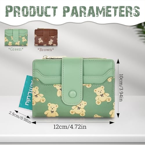 Cute Wallet for Women, Bear Print Zip Bifold Wallet with Front Card Slot, ID Window, Cash Slot, Short Women Wallet Elegant Youthful and Cute (Brown)2