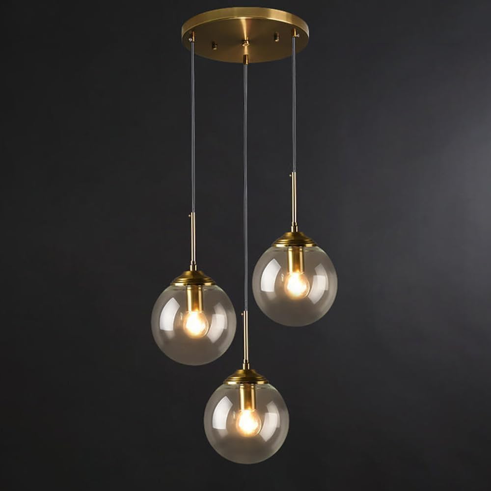 SYAXVOM 3 - Lights Clustered Glass Ball Chandeliers, Retro Industrial Hanging Lamp, Restaurant Decorative Lighting Suspension Lamps, E27 Socket, Gold Metal Drop Light, Clear