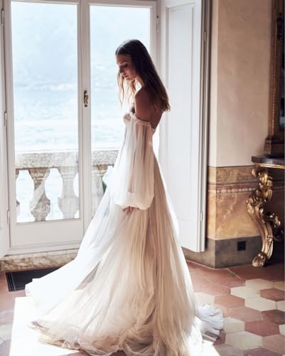 Strapless Prom Dress Long Bell Sleeve Sheer Corset Top A Line Tulle Wedding Dresses for Bride Evening Gowns3