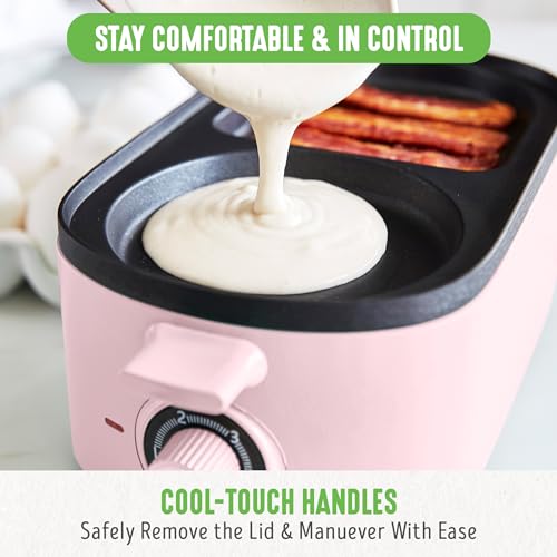 GreenLife 3-in-1 Breakfast Maker Station, Healthy Ceramic Nonstick Dual Griddles for Eggs Meat Sausage Bacon Pancakes and Breakfast Sandwiches, 2 Slice Toast Drawer, Easy-to-use Timer, Pink by GreenLife - Image 3