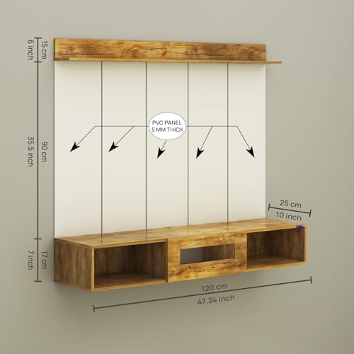Image of Anikaa Novus PVC Back Panel Wall Mounted TV Unit with Spot & Blue Ambient LED Light - Acrylic Storage Box, Display Shelf & Soft-Close Hinges | Ideal for UP to 50 Inch TV (GiantWood - DIY Installation