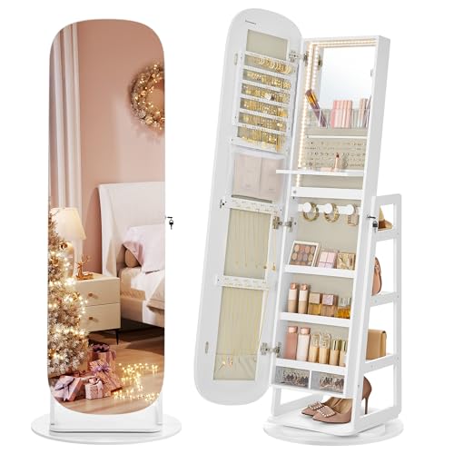 SONGMICS LED Jewelry Cabinet, 360° Swivel Jewelry Organizer, Lockable Mirror Jewelry Cabinet...