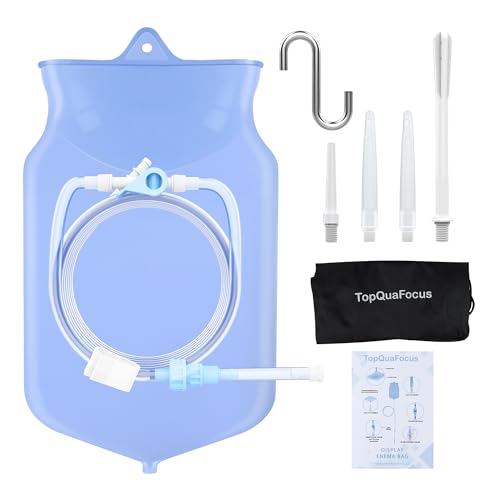 Image of TopQuaFocus Silicone Enema Bag Kit, 3L Capacity, Blue, with 6.5ft Tubing, Adjustable Clamp, Anti-Back Flow Valve, Multiple Nozzles, Storage Bag