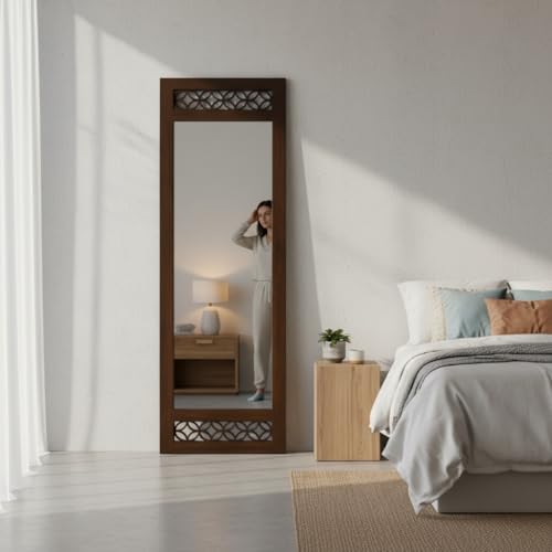 Image of APRODZ Floor Mirror Full Length with Solid Sheesham Wood Frame | Rectangular Standing Mirror for Bedroom Living Room Hallway and Dressing Area | Full Length Dressing Mirror, Dark Brown