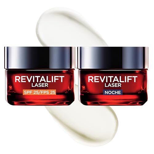 Rutina L'Oréal Paris Revitalift Láser Set de Crema de Día Hidratante con Protección Solar SPF 25 Antiarrugas y Crema de Noche Anti-Edad, Triple Acción, 50 ml cada una. Inspirado en Cosmética Coreana.