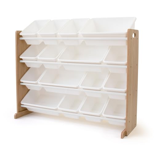Humble Crew Toy Storage Organizer with 16 Removable Storage Bins for Kids Playroom, 4-Tier Toddler Toy Organization and Storage, Natural Wood/White