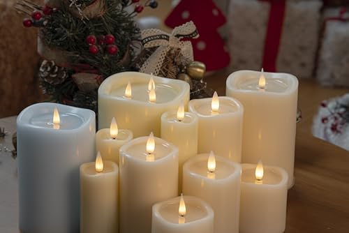 Image of 3-Wick Flameless Pillar Candle with Remote Timer, 3D Moving Flame Real Wax Led Candles (Ivory with Melty-Look Art Water, 6.5in)