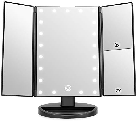 WEILY Espejo de Maquillaje, 1x / 2X / 3X Espejo de Maquillaje de Tres Pliegues con 21 Luces LED y Pantalla táctil Ajustable Espejo Iluminado Tocador Espejos cosméticos de encimera (Negro)