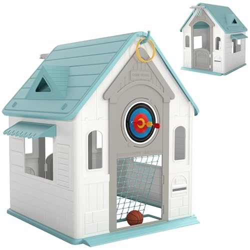AIYAPLAY Casita Infantil Exterior e Interior 5 en 1, Casita Infantil de Jardín con Lanzamiento de Aros, Baloncesto, Fútbol, Dardos, Casa de Juegos para Niños de 2 5 Años, Beige