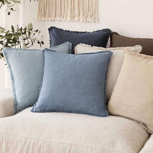 Image of Foindtower Decorative Linen Fringe Throw Pillow Covers Cozy Boho Farmhouse Cushion Cover with Tassels Accent Pillowcase for Chair Sofa Bed Living Room Home Decor, 18x18 Inch,1PC,Misty Blue