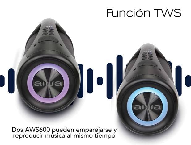 Two Aiwa AWS600BT speakers side-by-side, one with purple light and one with blue light, connected by sound waves, illustrating TWS function.