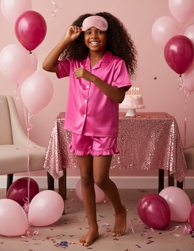 Image of Arshiner Girls Pajamas Silk Satin Pajama Set Button Pjs Ruffle Sleepwear
