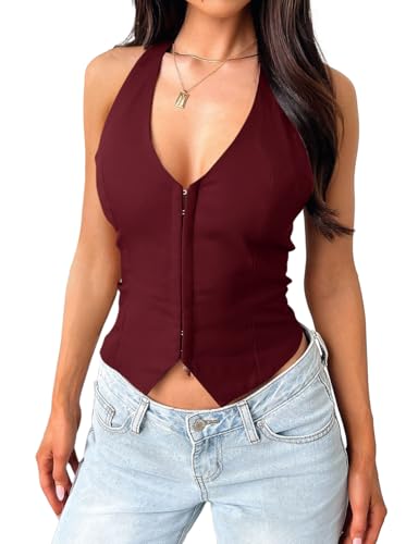 UNCOOYEE Women's Sexy Halter V Neck Tank Top Summer 2025 Trendy