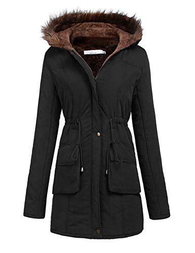 Meaneor Women's Hooded Warm Winter Faux Fur Lined Parkas Long Coats, Black, M
