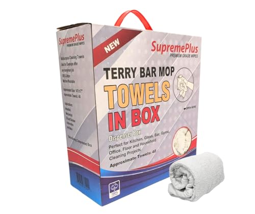SupremePlus Premium White Terry Bar Mop Towels – Shop Bulk Cleaning Towel in (5 lbs. Compressed Box), 100% Cotton 14x17 Inch Rag, Wipe Kitchen, Glass, & Counter, for Home, Restaurant & Commerical