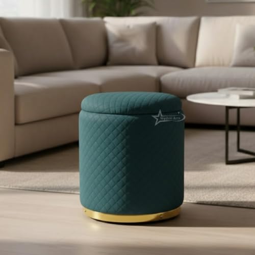 Image of Premium Round Storage Ottoman Stool 16 X 16X 19 inch, with Gold Metal Base | Luxury Pouffe with Hidden Storage | Cushioned Footrest for Living Room, Bedroom & Lounge Aqua