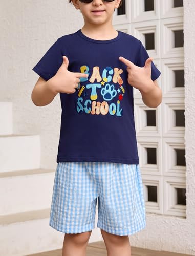 Image of OBEEII Back to School Outfit Toddler Boy Short Sleeve Graphic Shirt Gingham Shorts First Day of School Summer Clothing Set