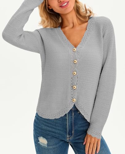 Image of Saodimallsu Womens V Neck Cardigan Sweaters Button Up Cropped Boho Knit Long Sleeve Loose Trendy Sweater Tops