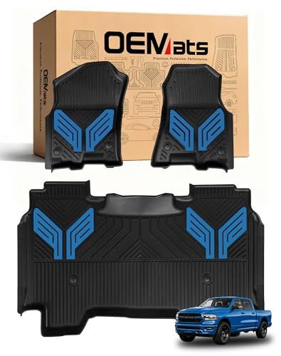 Image of Premium Color TPE Floor Mats for Ram 1500 Crew Cab 2019-2024 | Bucket Seats | All-Weather Custom Fit Floor Liners Full Set | Hydro Blue Wing Design | No Rear Under-Seat Storage (Not Classic)
