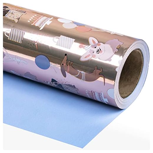 WRAPAHOLIC Reversible Wrapping Paper Roll - 24 Inch X 100 Feet Jumbo Roll Adorable Dogs with Metallic Foil Shine, Perfect for Birthday, Party, Baby Shower and More Occasions