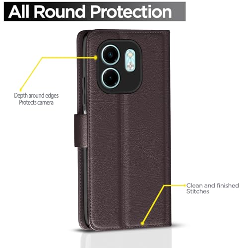 Image of Pikkme Flip Cover Leather Finish | Inside TPU with Card Pockets | Wallet Stand and Shock Proof | Complete Protection Button Flip Case for Infinix Smart 9 HD(Coffee)