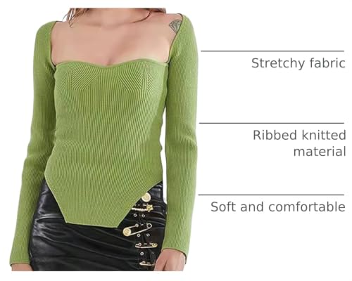 Image of Women's Square Neck Ribbed Knitted Sweater Long Sleeve Crop Slim Fitted Basic Pullover Tops