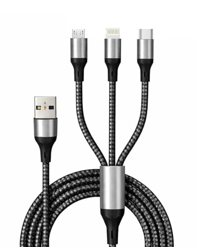 Image of 3-in-1 65W Multi Fast Charging Cable - 5A Nylon Braided 4FT Cable with Type-C & Micro USB for iPhone, iPad, Samsung,OnePlus,Xiaomi, Oppo,Vivo,Android & Car Charging (Black) (3in1 CABLE TRN VN12)