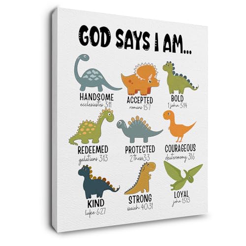 Image of Ryeolo Kids Dinosaur Canvas Prints Wall Art - Animal Prints Wall Art, Safari Nursery Decor, Baby Girl Boy Nursery Wall Decor, God Says I Am Dinosaur Wall Art for Kids Living Room 12x16 Inches, white