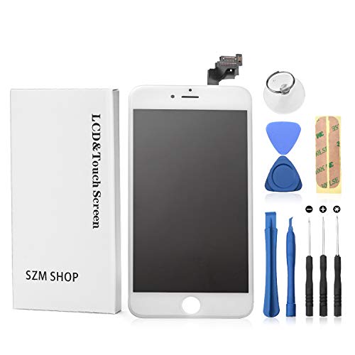 SZM iPhone 6 plus 5.5" 修理交換用フロントパネルセット 液晶パネル フロントガラスデジタイザ スクリーン(スピーカー +フロントカメラ付き) 修理パーツ 工具付属 ホームボタン付きません(6plus白)