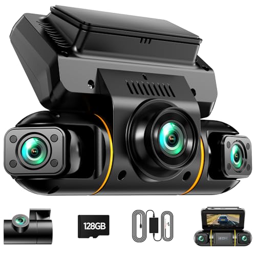 LAMTTO DashCam 4 Canales Dash CAM 360 Grados Camara Coche grabadora Monitor de Aparcamiento Visión Nocturna IR Tarjeta 128GB Kit de Cableado Gratis