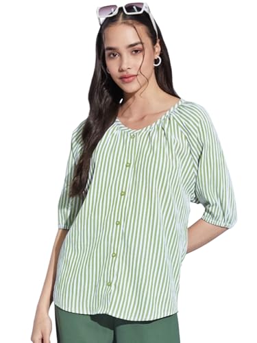 Image of Selvia Women Textured Crepe Printed Top Regular fit Shirt Style Top Round Neck Half Sleeve Stylish Top