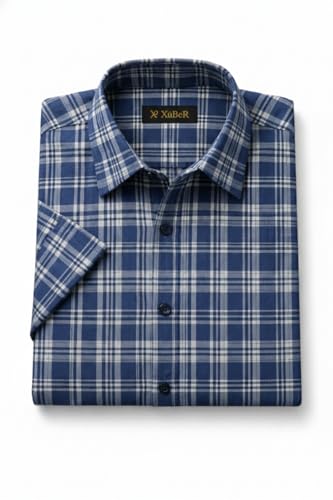 Image of Xuber Men's Blue Checked Cotton Blend Casual Shirt | Half Sleeve | Regular Fit | Stylish Plaid Design