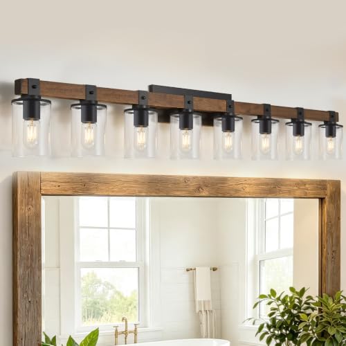 Image of 8-Light Farmhouse Vanity Light Fixture, Bathroom Wood Wall Light Over Mirror with Clear Glass Shade, Rustic Vintage Wall Sconce Lighting