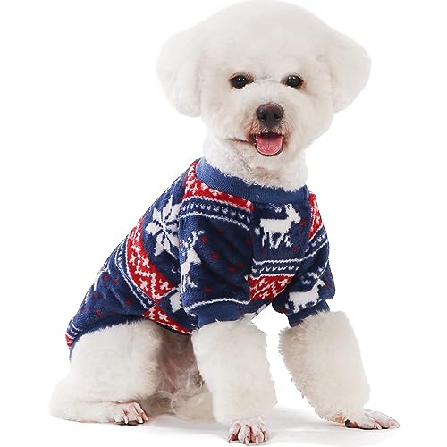 Image of FabriCastle Christmas Dog Sweater, 2-Pack Dog Clothes, Ultra Soft and Warm Pet Jackets for Small Dogs & Cats, Winter Pet Apparel Costumes, Puppy Outfits (Red,Blue, Small)