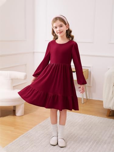 Haloumoning Girls Velvet Dress Long Sleeve Crew Neck A-Line Tiered Elegant Party Holiday Dresses 5-14Y4