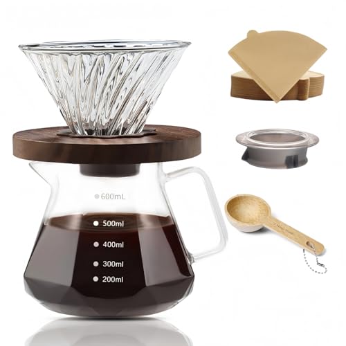 CHDEXU Pour Over Kaffeebereiter-Set, 600 ml Borosilikatglas-Kaffeeserver mit Glasdeckel, 50 Stück Papierfilter, Walnuss-Griff, Übergieß-Kaffeetropfer für Zuhause, Café, Restaurant