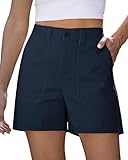 luvamia Beach Outfits for Women Womens Dressy Casual Shorts with Pockets High Waisted Cotton Chino Elastic Waist 5 Inch Inseam Mid Thigh Shorts Navy Blue Size Large Fits US 12-14