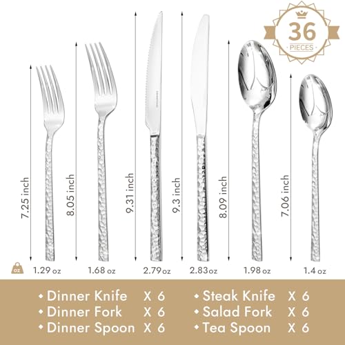 Image of KINGSTONE 36 Piece Silverware Set with Steak Knives, Hammered Silverware Set for 6, 18 /10 Stainless Steel Flatware, Cutlery Set for Home, Party, Wedding, Mirror Polished Dishwasher Safe