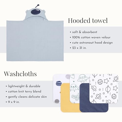 Image of Evolur AstroNap 6 pc Baby Gift Set, Includes Hooded Towel & 5pc Wash Cloths, Soft and 100% Cotton Woven, for Newborn, Infants and Toddlers 0-9 Months