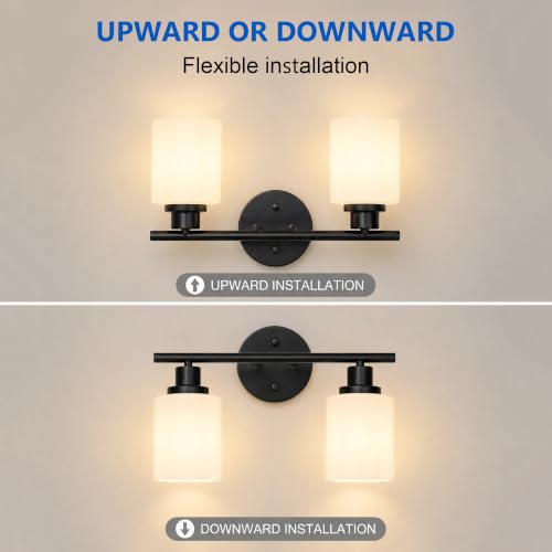 Image of Unicozin 2 Light Bathroom Light Fixtures, Modern Vanity Lights with Milky Glass Shade, Black Wall Lamp Over Mirror for Bathroom, Living Room, Cabinet, Bedroom, E26 Base
